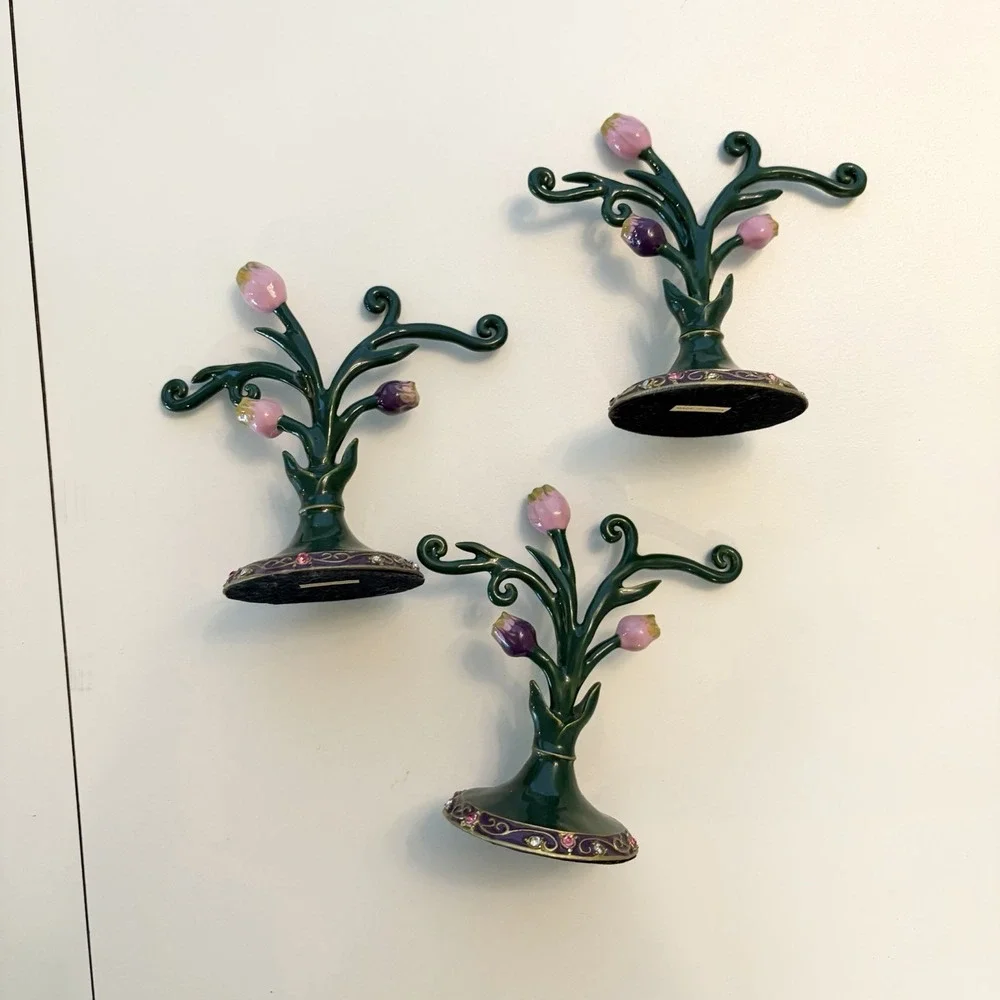 3 Rose Tree Enameled Metal‎ & Rhinestone Jewelry Earring Mini Display Stand Set